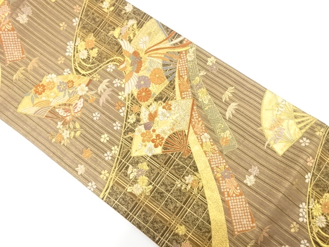 JAPANESE KIMONO / FUKURO OBI FOR FURISODE / SILK / WOVEN NOSHI & FOLDING FAN & PHOENIX